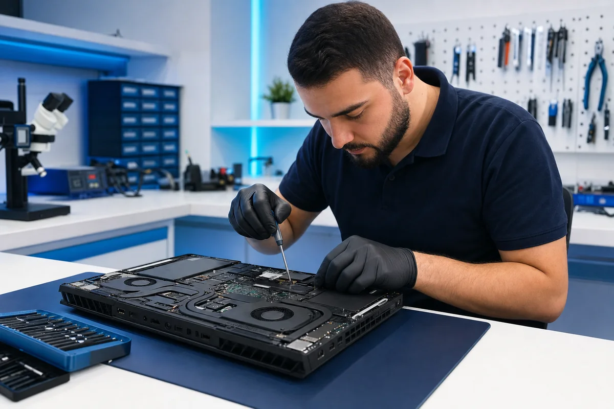 Beylikdüzü bilgisayar servisinde açık bir laptop üzerinde çalışan teknisyen