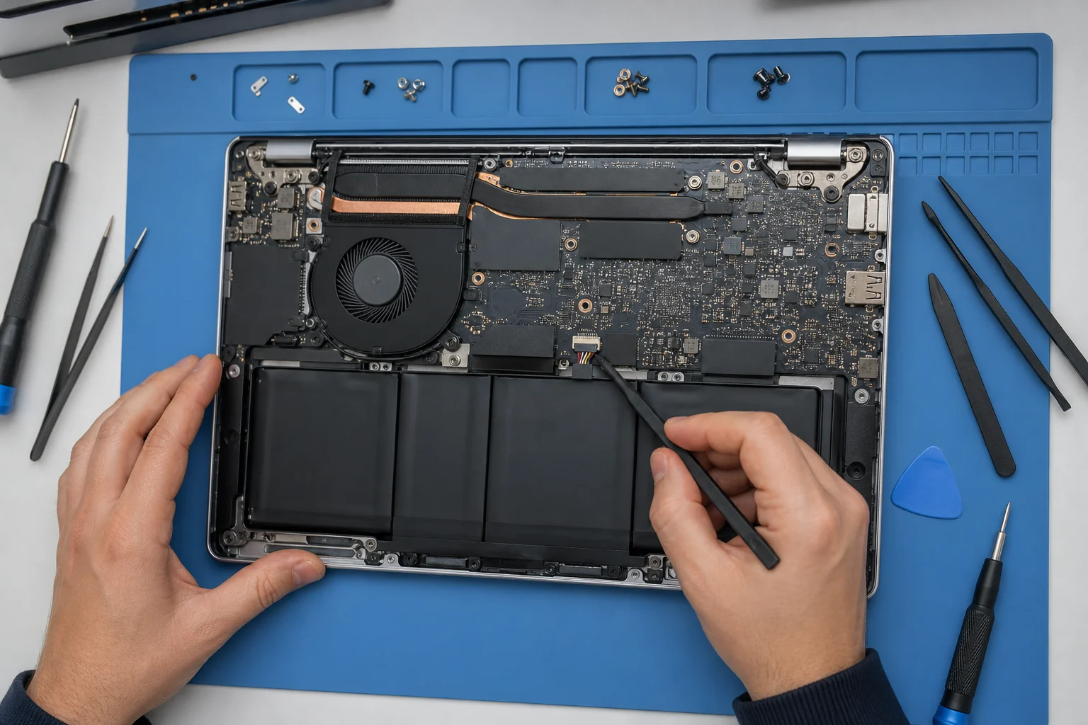 HP laptop batarya fan şarj girişi ve menteşe bağlantılarının servis kontrolü