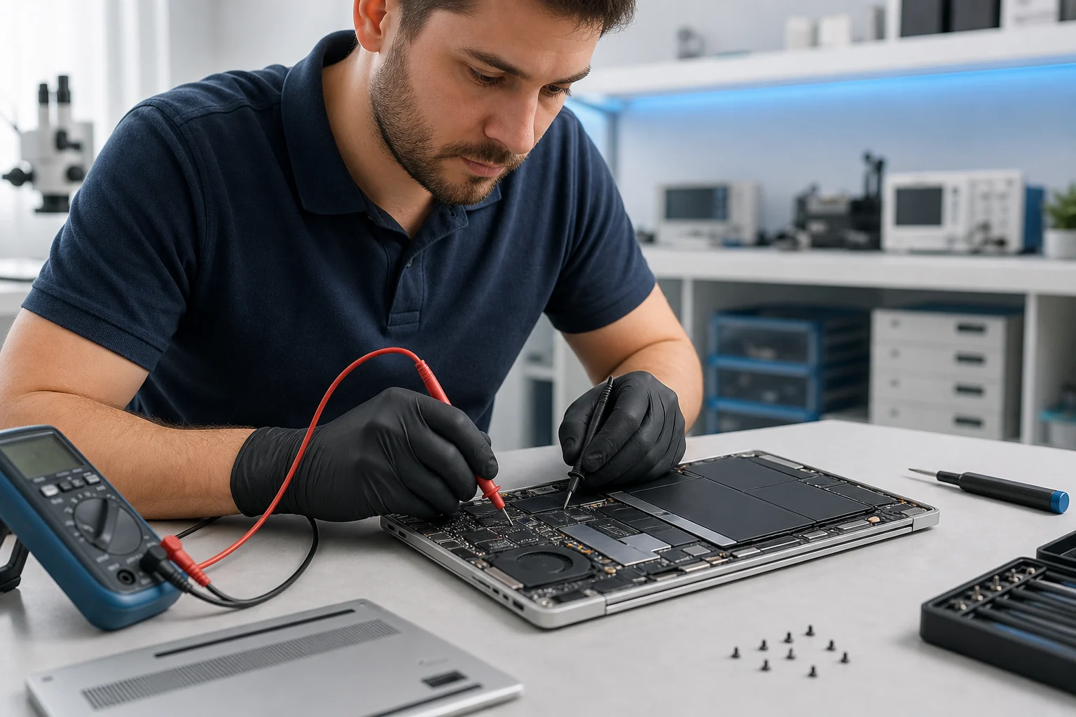 Beylikdüzü servis noktasında HP laptop anakartını ölçen teknisyen
