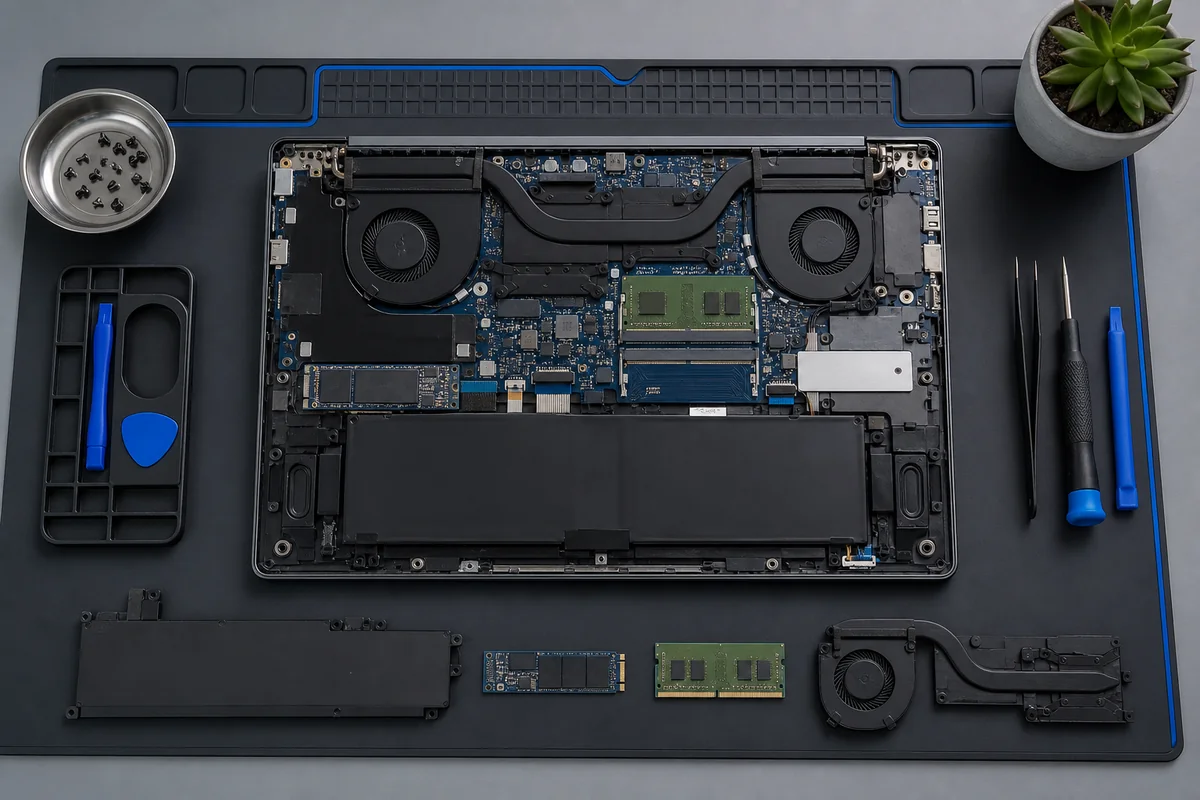 Açılmış bir laptopta batarya, RAM, SSD, fan ve anakart bileşenlerinin düzenli görünümü