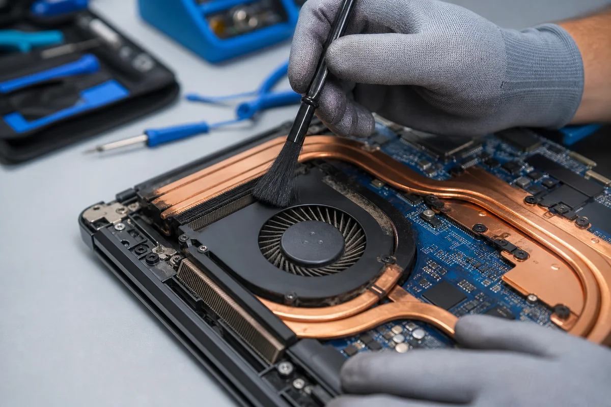 Laptop fanı, bakır ısı boruları ve soğutucu peteklerin teknik bakım sırasında temizlenmesi