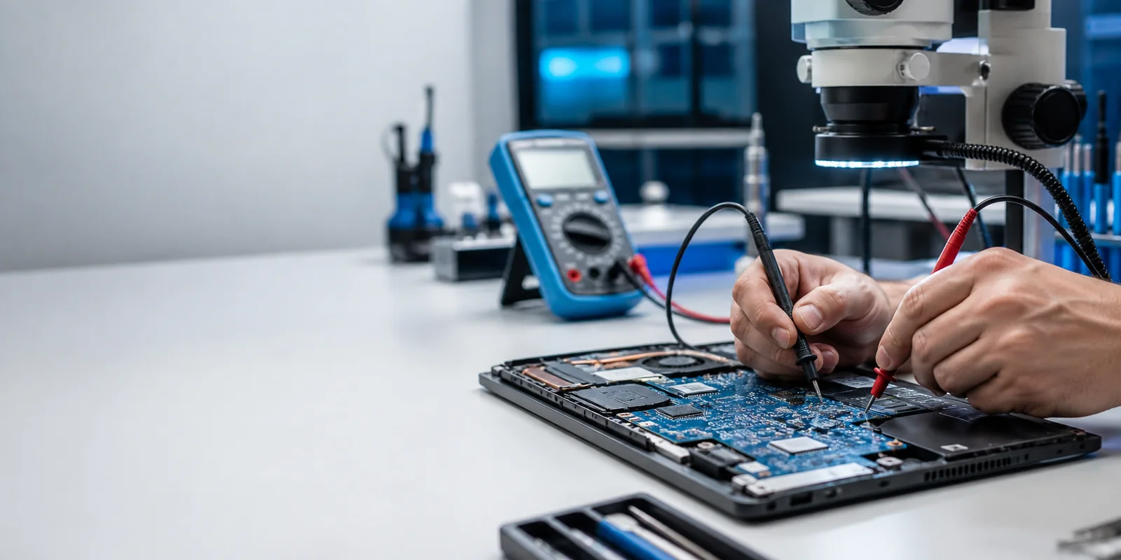 Laptop anakartında multimetre ile ölçüm yapan teknik servis uzmanının elleri