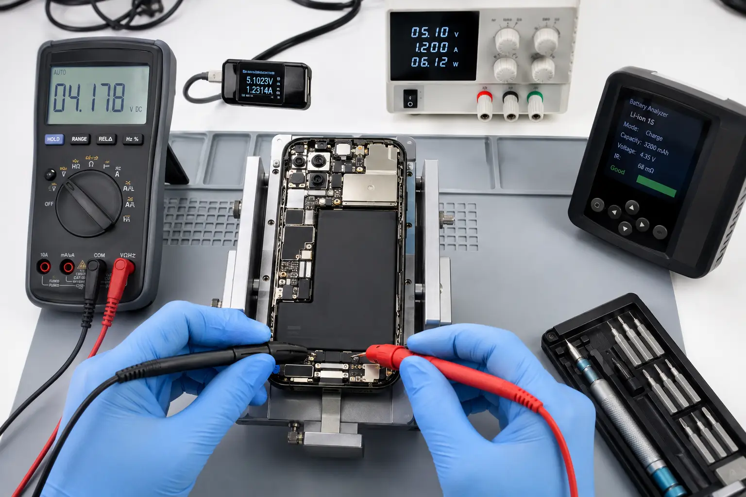 Telefon Teknik Servisi - Beylikdüzü 3 Açık telefon üzerinde multimetre ile donanım incelemesi temsili görseli