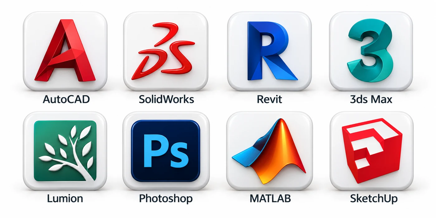 Beykent Bilgisayar Servisi 5 AutoCAD, SolidWorks, Revit, 3ds Max, Lumion, Photoshop, MATLAB ve SketchUp programlarının üç boyutlu logo görselleri
