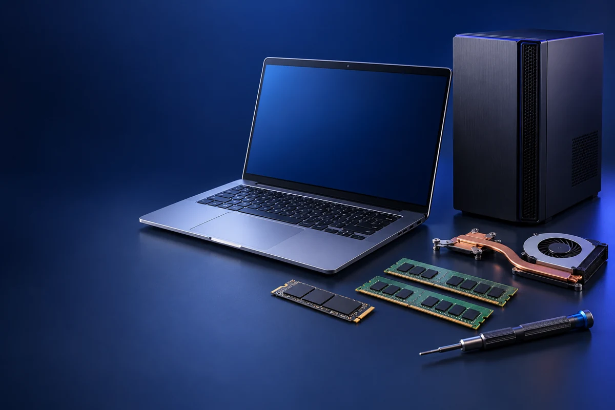 Beylikdüzü Bilgisayar Servisi 11 Bilgisayar yükseltme ve onarım seçeneklerini temsil eden laptop, masaüstü, SSD, RAM ve soğutucu görseli